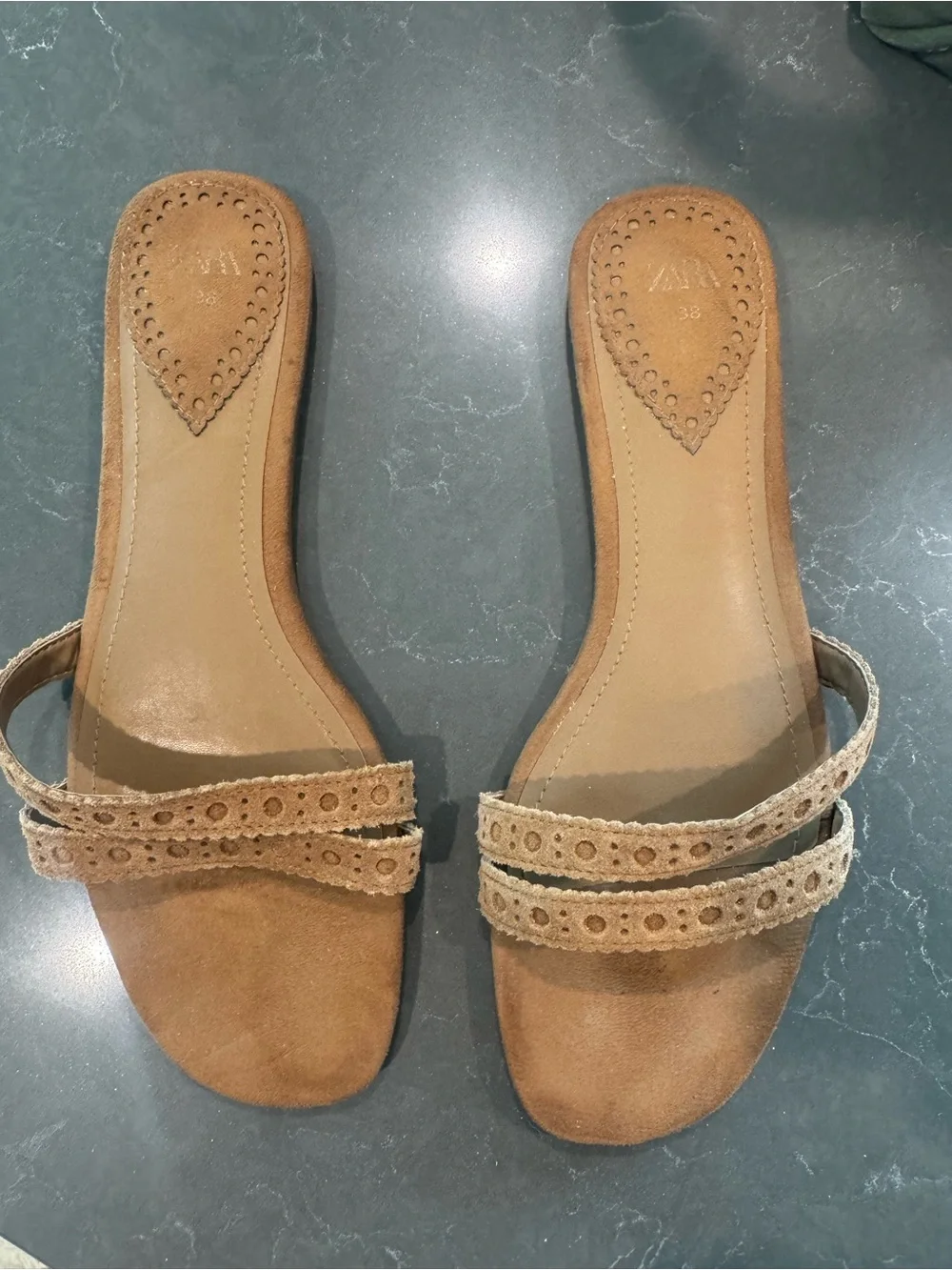 Suede Double-Strap Slide Sandals in Tan - Picture 2 of 4